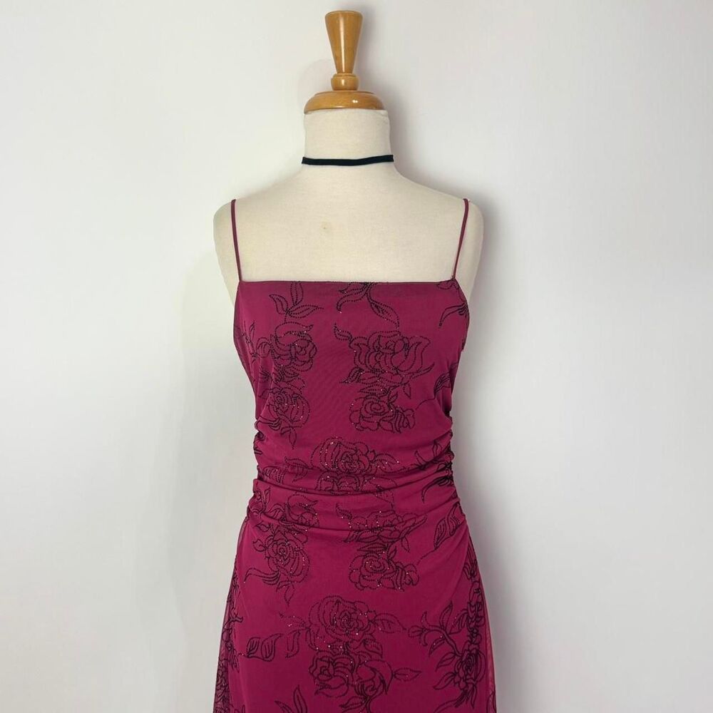 Vintage Y2K Burgundy Magenta floral prom asymmetrical midi dress